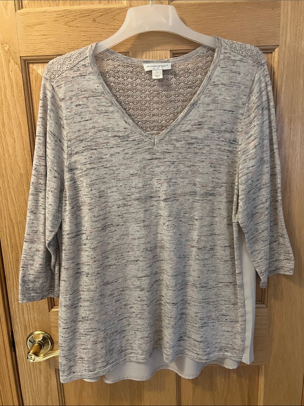 Christopher & Banks Heathered Gray Tan V-Neck Crochet Yoke Top 3/4 Sleeves XL